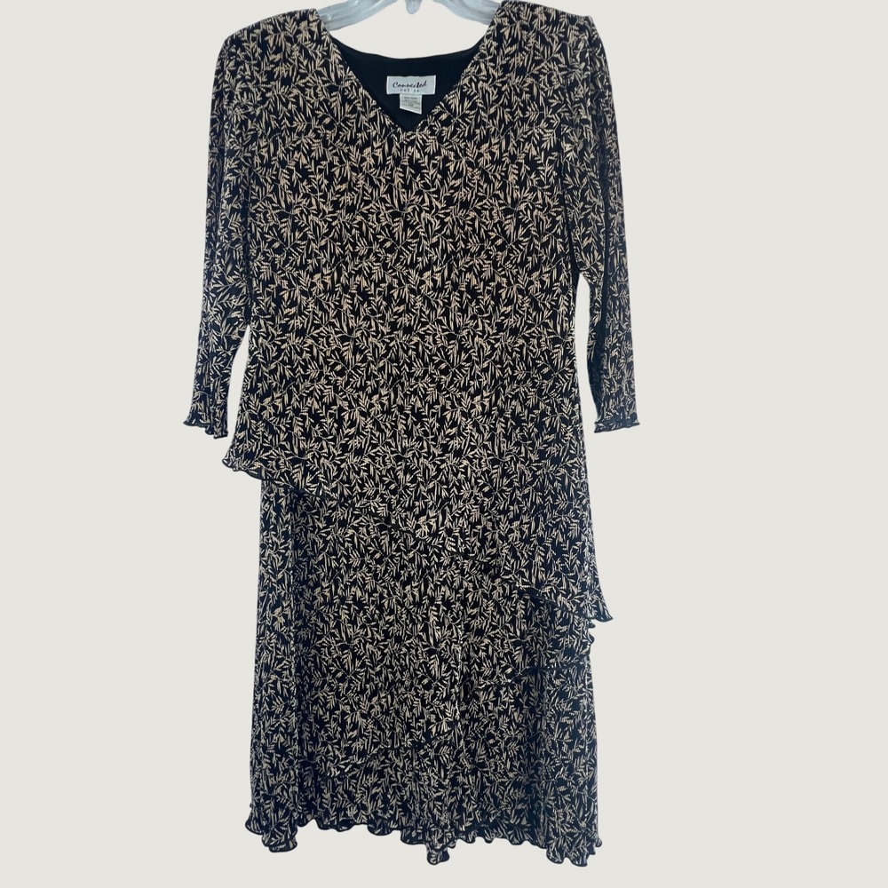 Connected Black Tan Leaf Print Plisse Tiered Ruffle Midi Dress 10P R5571558P